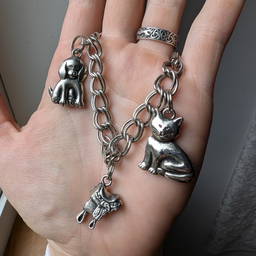 Country Farm Girl Horses Saddle Dog Cat 3D Silver Charm Bracelet